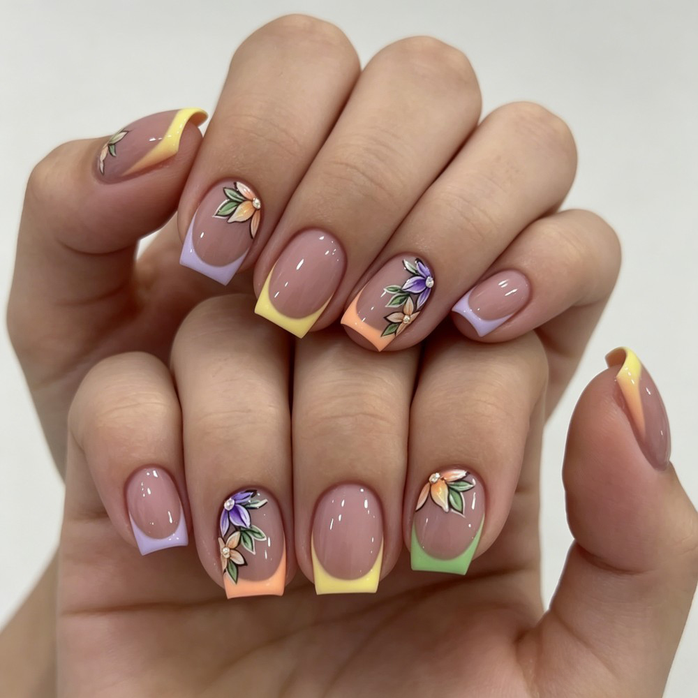 Pressed Flower Art - 24 Uñas Postizas Rosadas con Diseño