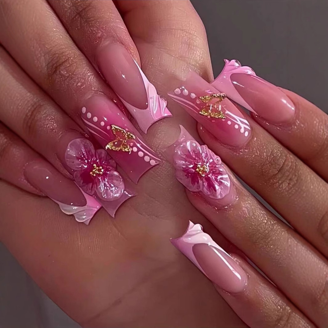 Pressed Flower Art - 24 Uds. De uñas postizas cuadradas